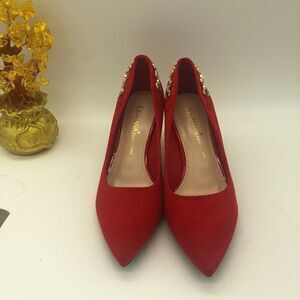 Eastanna Pointy Toe Gold Metal Pumps Mid Heels Sandals